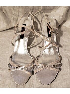 Nina Silver Crystal Trimmed Cross Strap Satin Sandals Size 10M EUC